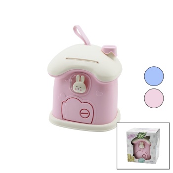 BÜYÜK=18X16X18CM EV MODELİ KİLİTLİ RENKLİ PLASTİK ÇOCUK KUMBARA TAVŞAN FİGÜRLÜ (5460)