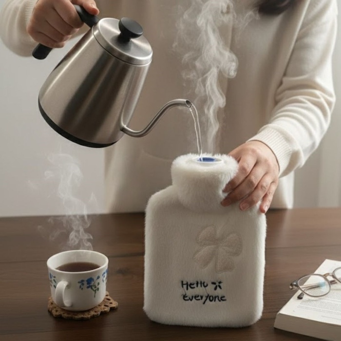 Hello Everyone Yazılı Kurdeleli Beyaz Peluş Sıcak Su Torbası 1 Lt – Yumuşak Kılıf, Uzun Süre Sıcak Tutan Termal Su Torbası (5460)