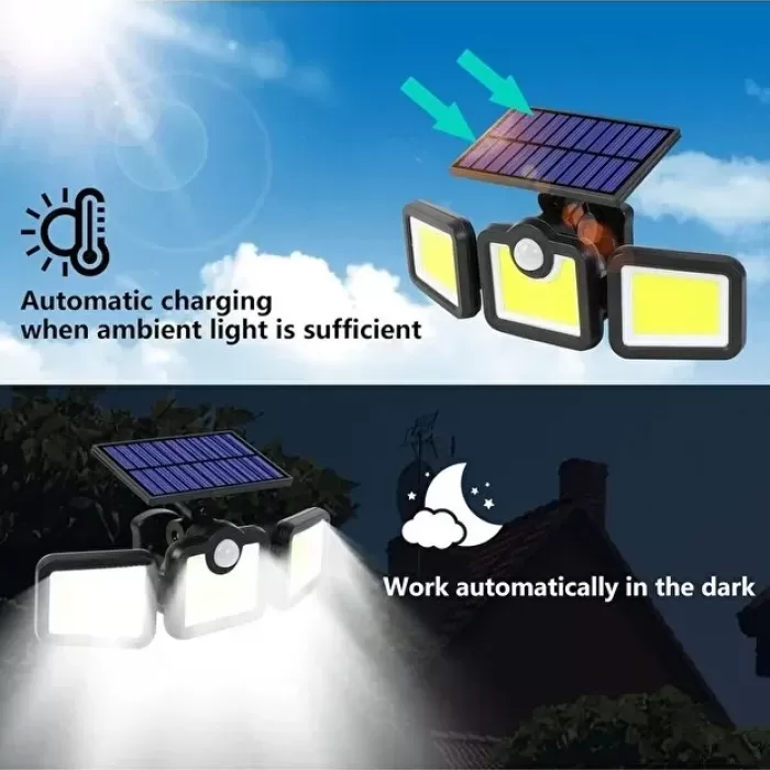 Üçlü Solar Led Projektör – Beyaz Işık – Sensörlü Dış Mekân Aydınlatma (5460)
