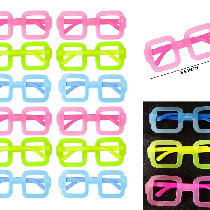 Fosforlu Kare Model Glow Parti Gözlüğü Karanlıkta Yanan Gözlükler 12 Adet (5460)