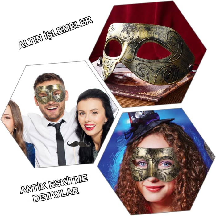 Altın Eskitme Yüz Maskesi - Antik Tarz Balo Maskesi (5460)