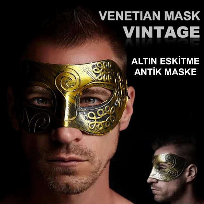 Altın Eskitme Yüz Maskesi - Antik Tarz Balo Maskesi (5460)