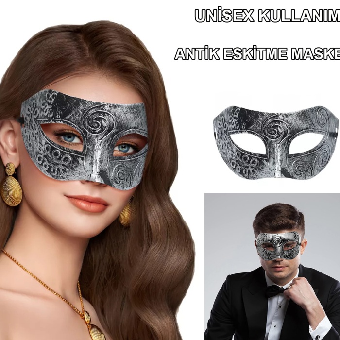 Gümüş Eskitme Yüz Maskesi - Antik Tarz Balo Maskesi (5460)