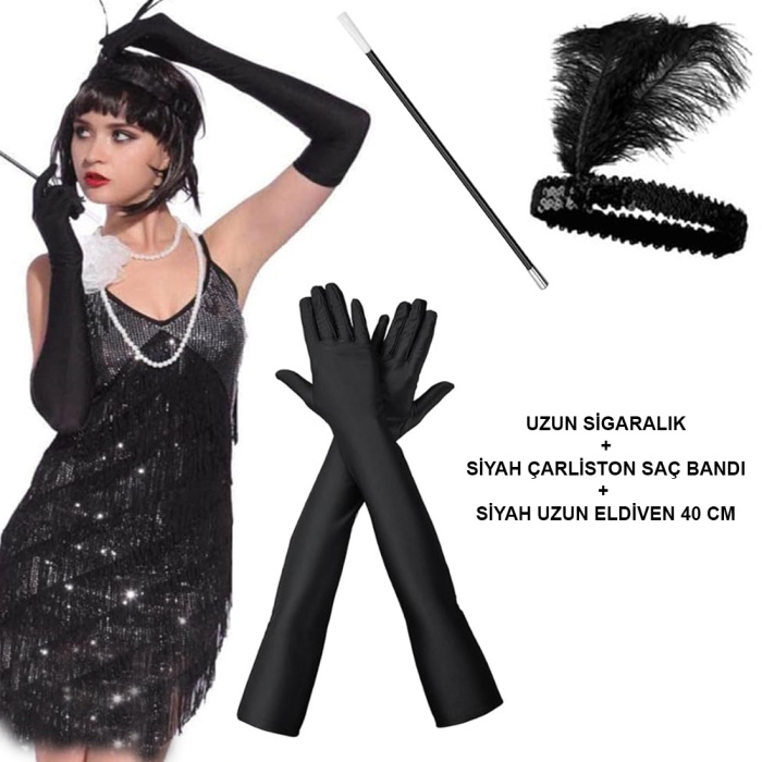 1920&amp;apos;ler Gatsby Aksesuar Seti – Siyah Charleston Saç Bandı, Uzun Eldiven &amp;amp;amp; Sigaralık (5460)