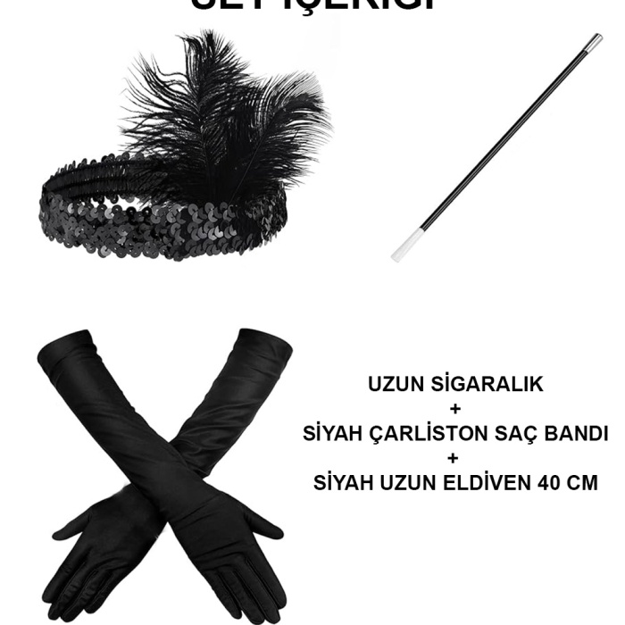 1920&amp;apos;ler Gatsby Aksesuar Seti – Siyah Charleston Saç Bandı, Uzun Eldiven &amp;amp;amp; Sigaralık (5460)
