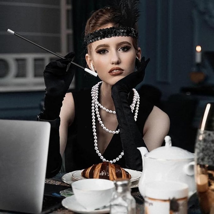 1920&amp;apos;ler Gatsby Aksesuar Seti – Siyah Charleston Saç Bandı, Uzun Eldiven &amp;amp;amp; Sigaralık (5460)