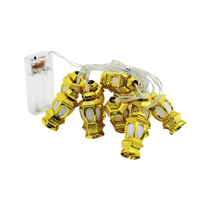 KUBBE=10PCS GOLD METAL PİLLİ DEKORATİF RAMAZAN LED IŞIK - LAMBA 2MT KABLO (5460)