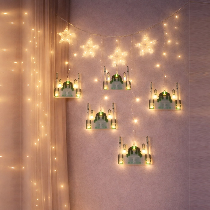 3MT FİŞLİ - EKLEMELİ RAMAZAN DEKOR LAMBA - PERDE LED YEŞİL CAMİ - YILDIZ (5460)
