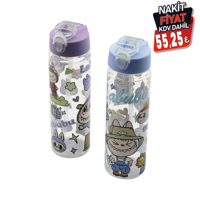 LABUBU ÇOCUK ÇİZGİ FİLM KARAKTER RESİMLİ SU MATARASI ŞEFFAF PLASTİK PİPETLİ KİLİTLİ KAPAK (5460)