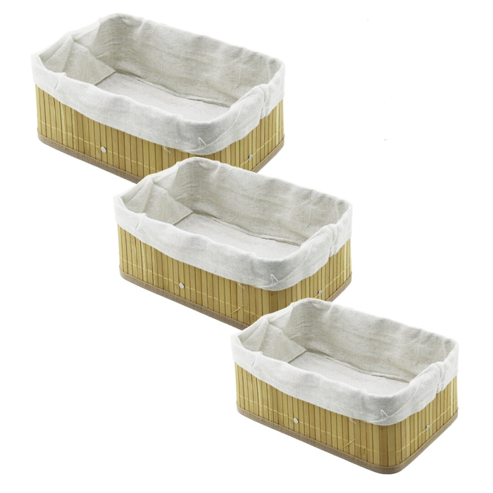 3 BOY DİKDÖRTGEN BAMBU KENAR ORGANİZER SEPET AHŞAP ALTLIK - BEZLİ 13X20-16X24-20X31CM (5460)
