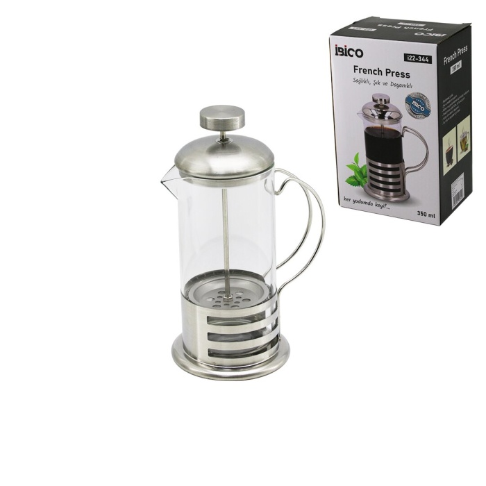 FRENCH PRESS METAL KAFES - METAL KAPAK 350ML CAM BİTKİ SÜZGEÇİ (5460)