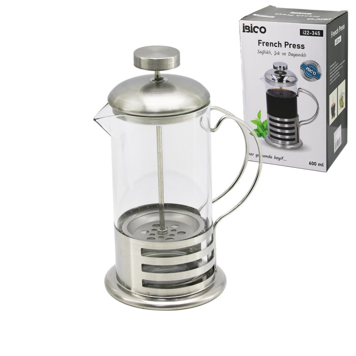 FRENCH PRESS METAL KAFES - METAL KAPAK 600ML CAM BİTKİ SÜZGEÇİ (5460)