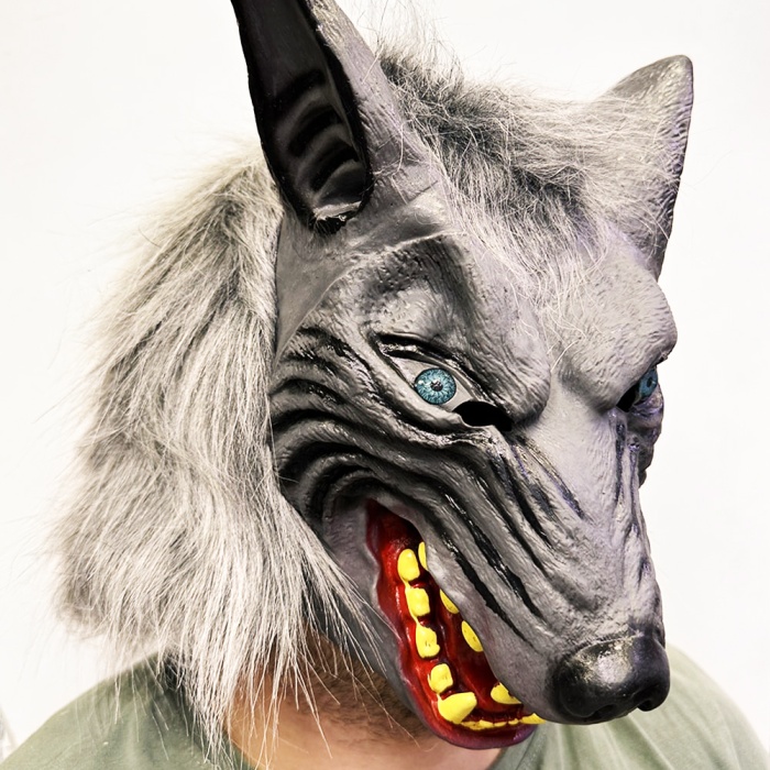 Kafaya Tam Geçmeli Lateks Mavi Gözlü Dişli Ağzı Açık Kurt Maskesi (5460)