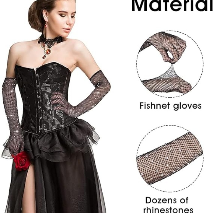 Siyah Renk İncili Elmas İşlemeli File Örgü Uzun Eldiven 45 cm (5460)