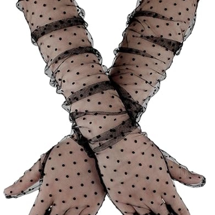 Uzun Boy Siyah Puantiyeli Siyah Renk Yetişkin Tül Eldiven 55 cm (5460)