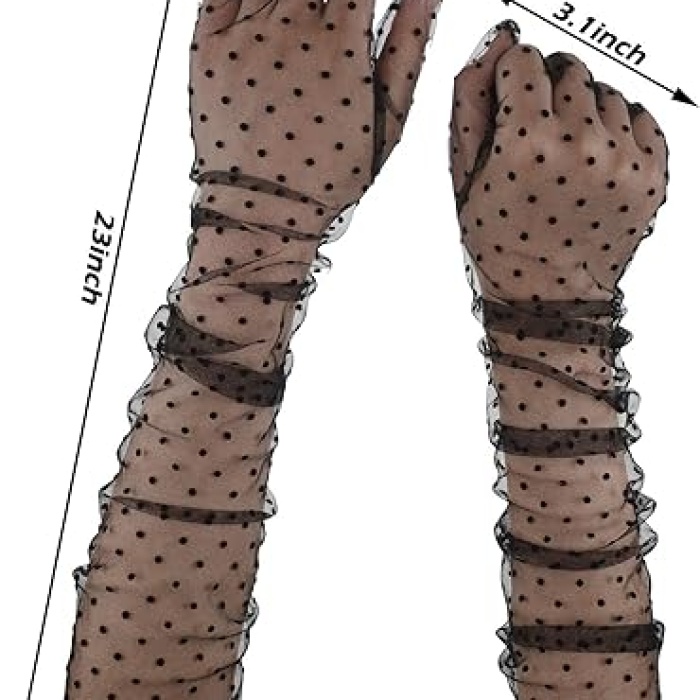 Uzun Boy Siyah Puantiyeli Siyah Renk Yetişkin Tül Eldiven 55 cm (5460)