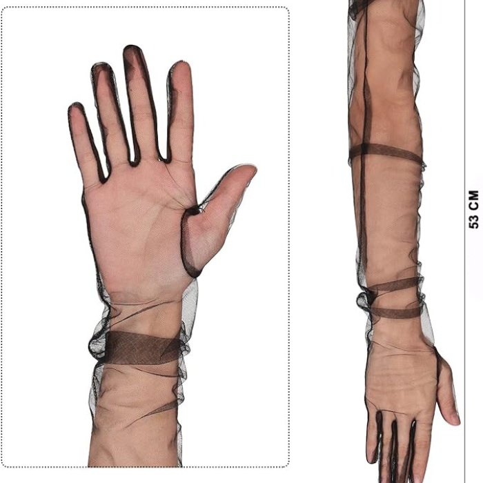 Uzun Boy Likralı Siyah Renk Yetişkin Mega Tül Eldiven 53 cm (5460)