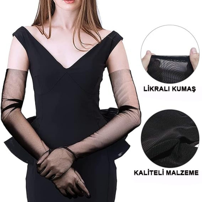 Uzun Boy Likralı Siyah Renk Yetişkin Mega Tül Eldiven 53 cm (5460)