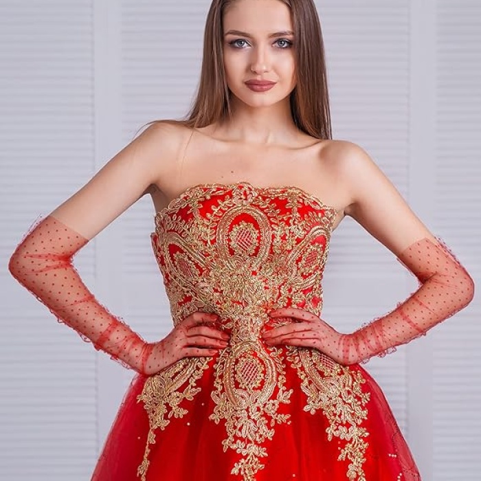 Uzun Boy Kırmızı Puantiyeli Kırmızı Renk Yetişkin Tül Eldiven 55 cm (5460)