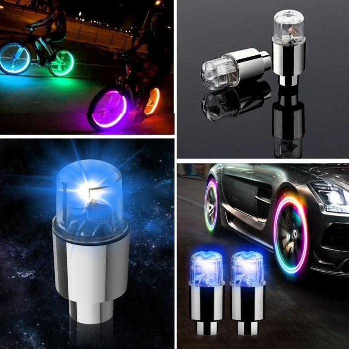 Araç ve Bisiklet İçin 2’li Mavi LED Hava Valfi Işık Kapakları–Gece Parlayan Lastik Lambası Sibop Kapağı (5460)