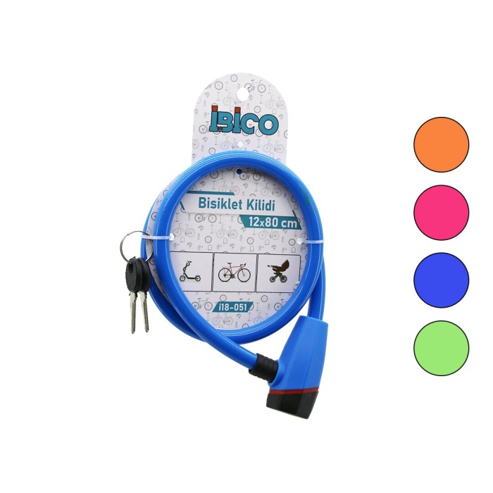 ANAHTARLI PLASTİK KAFA BİSİKLET KİLİT ÇELİK TEL RENKLİ KILIF 12MMX80CM (5460)