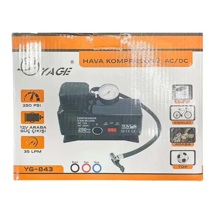 220 Volt-12 Volt 250 Psi Kompresör Lastik Hava Şişirme Oto Pompası Fişli Ve Çakmaklı Yage-843 (5460)
