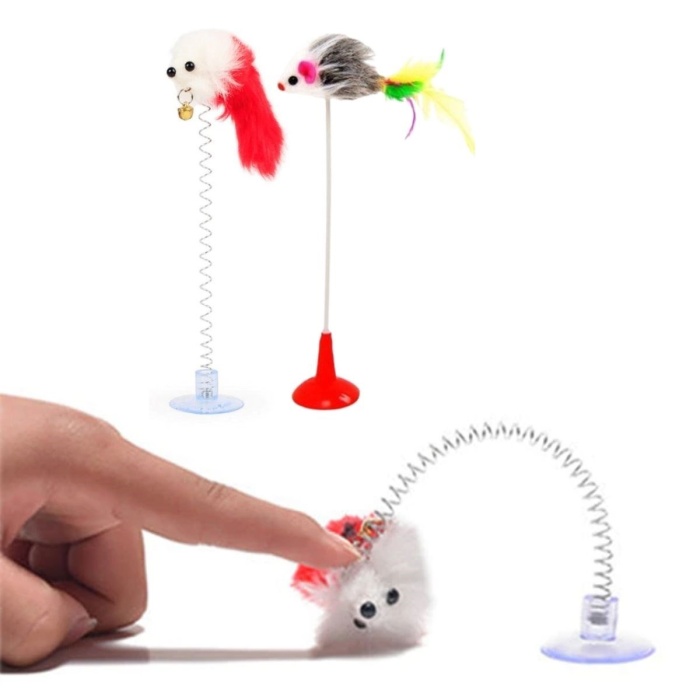 2&amp;apos;li Vantuzlu Fareli Tüylü Hareketli Çanlı ve Esneyen Eğlenceli Peluş Kedi Oyuncağı (5460)