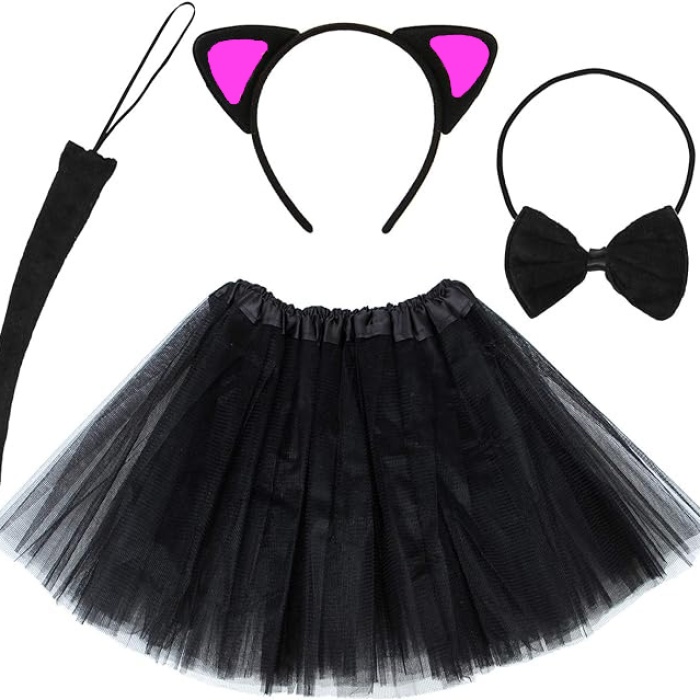 Kedi Kulak Taç Etek Kuyruk ve Papyon 4 lü Set Çocuk Fuşya (5460)