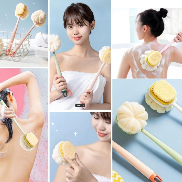 2&amp;apos;si 1 Arada Çift Taraflı Uzun Saplı Fırçalı Banyo Vücut Sırt Fırçası Banyo Lifi (5460)