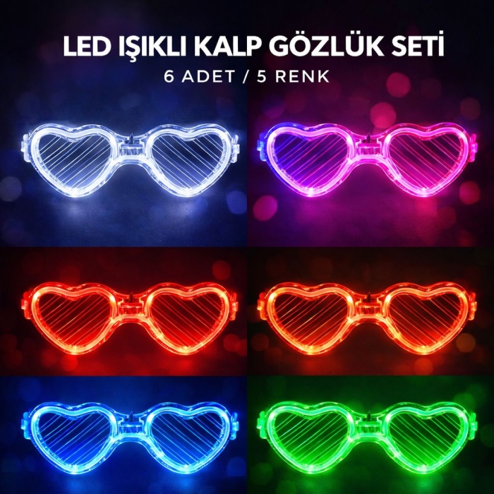 LED Işıklı Kalp Glow Pilli Parti Gözlüğü – 6 Adet / 5 Renk Set (5460)