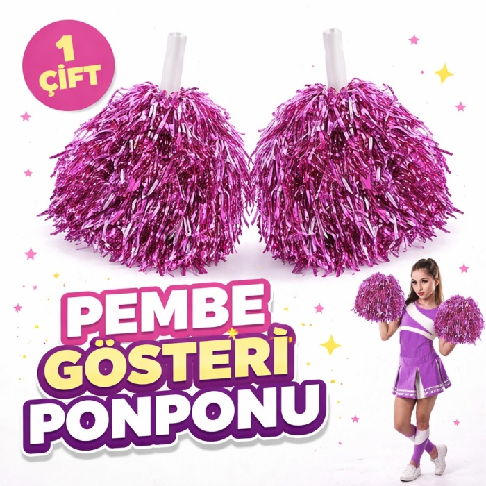 1 Çift ( 2 Adet ) Pembe Renk 23 Nisan 19 Mayıs 29 Ekim Okul Gösteri Ponponları Ekstra Dolgun (5460)
