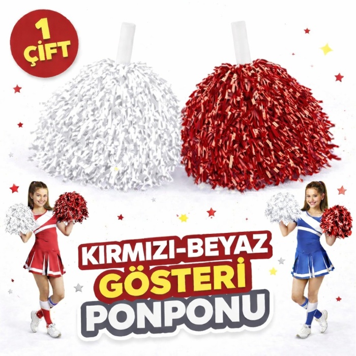 1 Çift ( 2 Adet ) Kırmızı-Beyaz Renk 23 Nisan 19 Mayıs 29 Ekim Okul Gösteri Ponponları Ekstra Dolgun (5460)