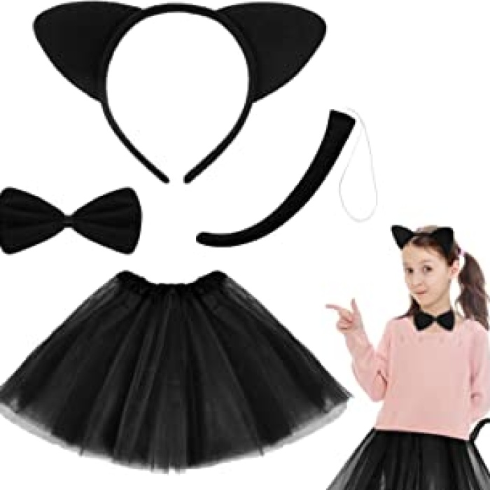 Kedi Eteği Tacı Kuyruğu ve Papyon Seti Siyah Renk Çocuk Boy (5460)