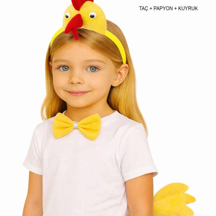 Çocuk Horoz Tavuk Kostüm Seti 3 Parça (Taç + Papyon + Kuyruk) (5460)