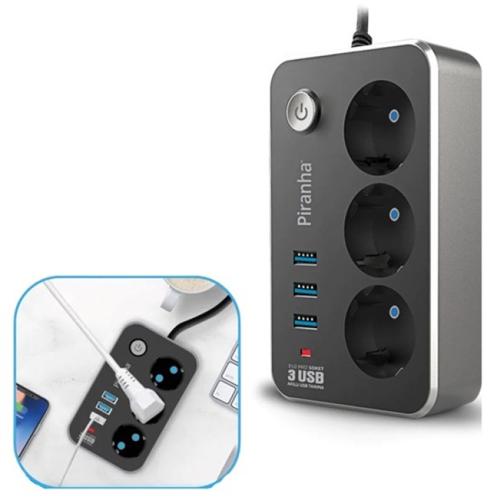 Isıya Dayanıklı Termal Akım Korumalı 2 Mt 10A 2500W 3lü Priz ve 3 Usbi 2.1A Uzatma Kablosu (5460)