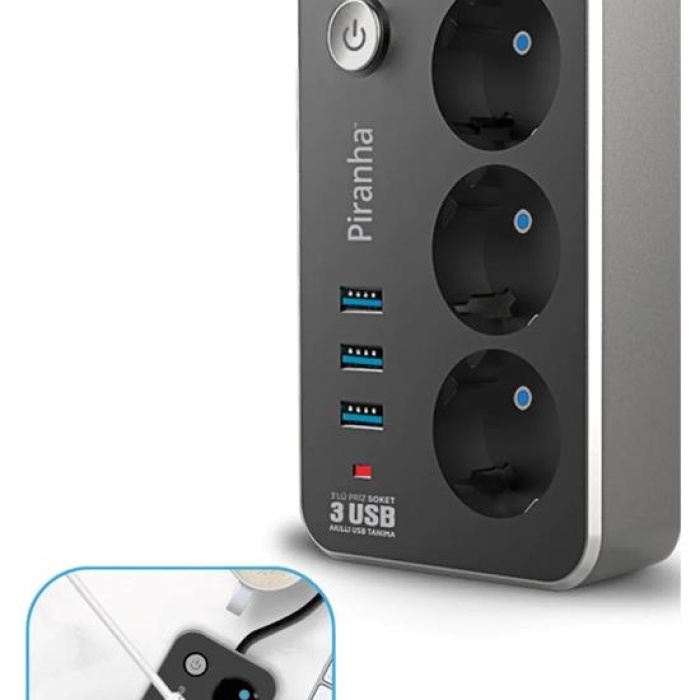 Isıya Dayanıklı Termal Akım Korumalı 2 Mt 10A 2500W 3lü Priz ve 3 Usbi 2.1A Uzatma Kablosu (5460)