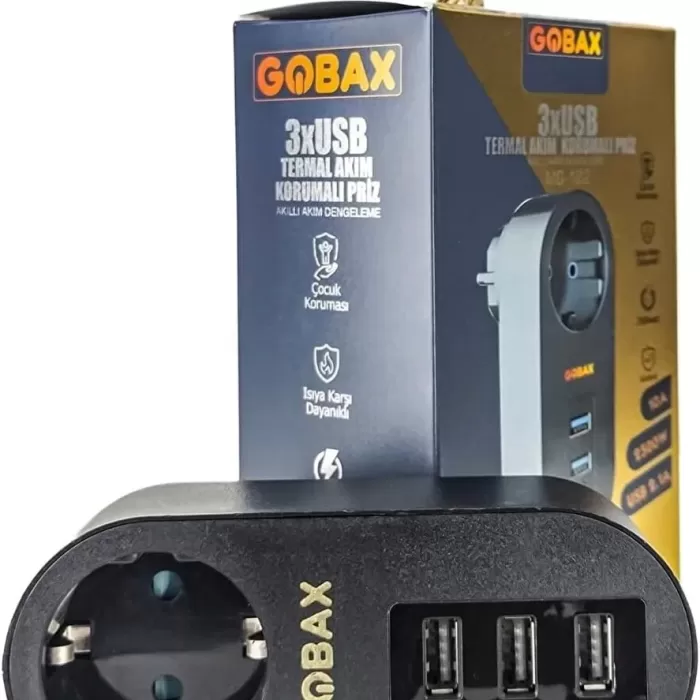 Gobax Termal Akım Korumalı Akıllı Priz 3xusb Li, Çocuk Korumalı, Led Işıklı, Yüksek Isıya Dayanıklı (5460)