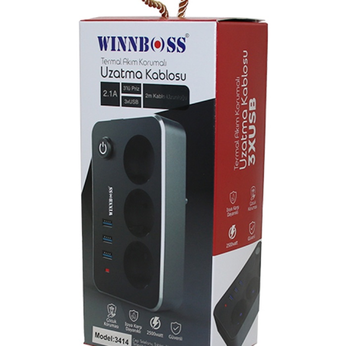 TERMAL AKIM KORUMALI 2.1A 3LÜ PRİZ 3XUSB 2MT ANAHTARLI UZATMA KABLO SİYAH (5460)