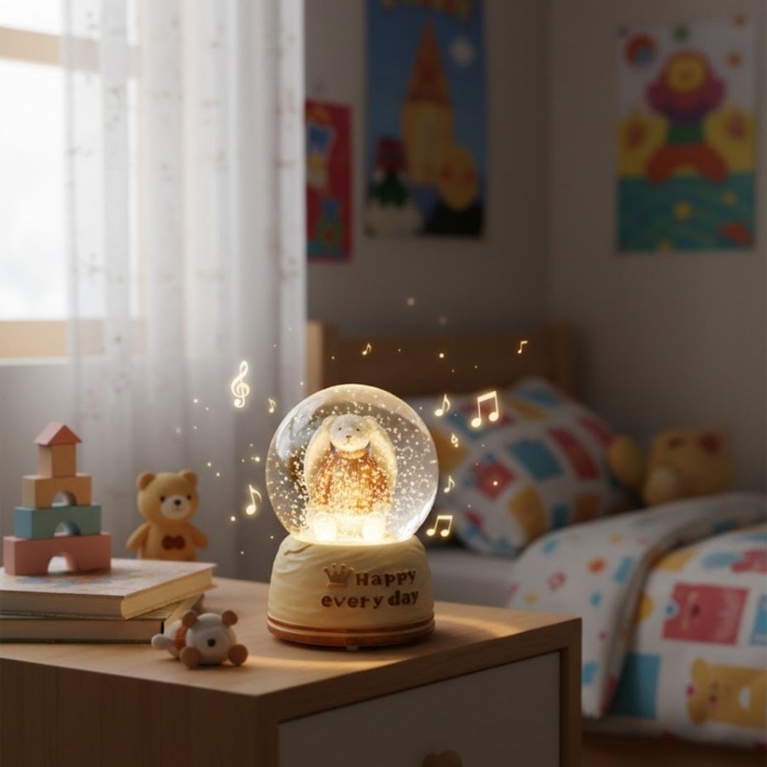 Pilli Işıklı Müzikli Kar Küresi–Sevimli Ayıcık Figürlü Eğlenceli Masaüstü Biblo, LED Aydınlatmalı Dekoratif Hediyelik Kar Küresi (5460)