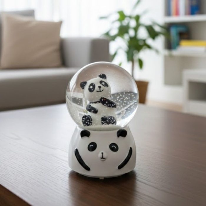 Pilli Işıklı Müzikli Kar Küresi–Sevimli Panda Figürlü Eğlenceli Masaüstü Biblo, LED Aydınlatmalı Dekoratif Hediyelik Kar Küresi (5460)