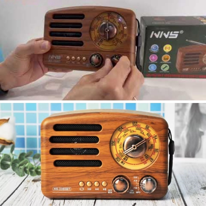 Küçük Boy Retro, Nostaljik, Ahşap Tasarım Bluetooth Hoparlörlü, Şarjlı, Taşınabilir Büyük Döndürülebilen Düğmeli FM/AM Destekli Radyo NS3380 (5460)
