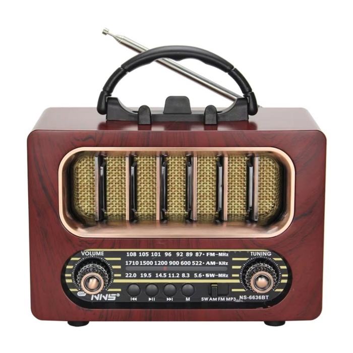 Orta Boy Retro Ahşap Tasarım Bluetooth Hoparlörlü Radyo – FM/AM Destekli, Şarjlı ve Taşınabiliri Radyo NS-6636 (5460)