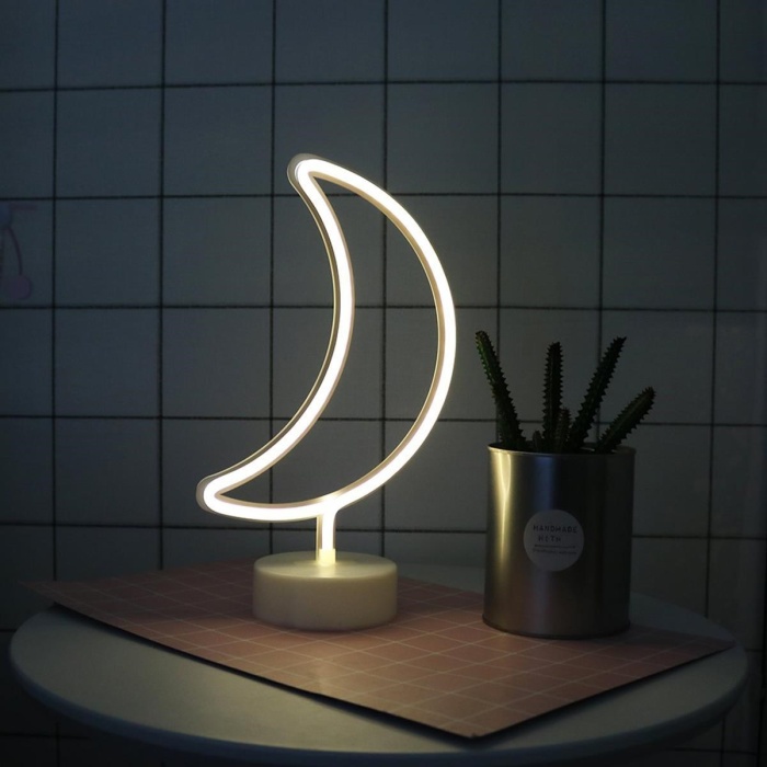 Dekoratif Pilli Ay Tasarımlı 3D Neon Led Masa Ve Gece Lambası (5460)