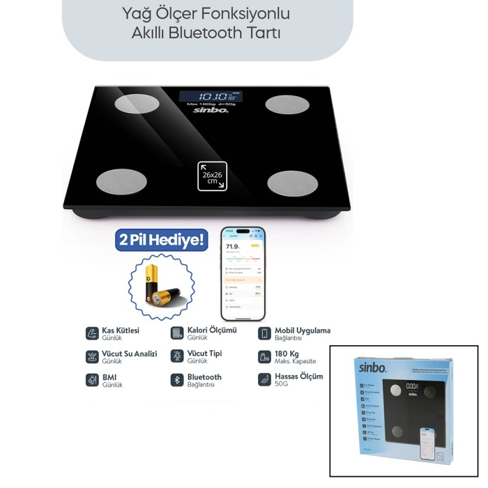 SİYAH YAĞ ÖLÇER AKILLI BLUETOOTH CAM BASKÜL PİLLİ 180KG/50GR 26X26CM 8-KİŞİ HAFIZA LCD EKRAN ℃ GÖSTERGE SBS-4470 (5460)