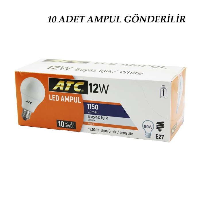 10 ADET ATC 12W=80W E27 BEYAZ=6500K LED AMPUL LAMBA 1150 LÜMEN 15.000 SAAT ÖMÜR (5460)