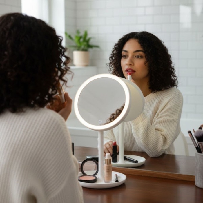 LED Işıklı Yuvarlak Makyaj Aynası – Dokunmatik Ayarlanabilir Işık Tonlu, 360 Derece Döner Masaüstü Profesyonel Makyaj ve Cilt Bakım Aynası (5460)
