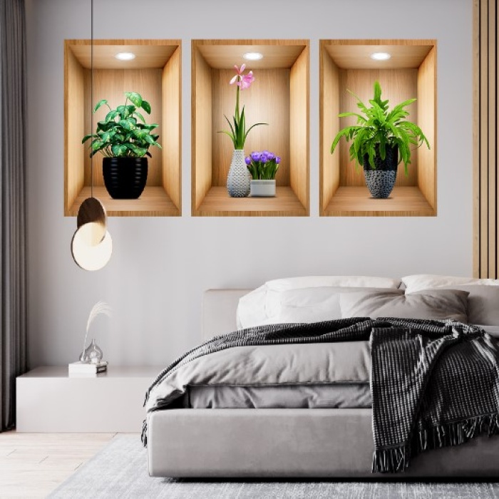 3D Çiçek Vazo Duvar Sticker 3 lü Set Kahverengi Fon (5460)