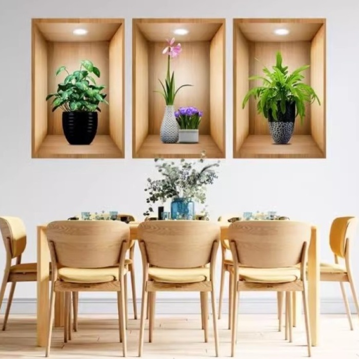 3D Çiçek Vazo Duvar Sticker 3 lü Set Kahverengi Fon (5460)