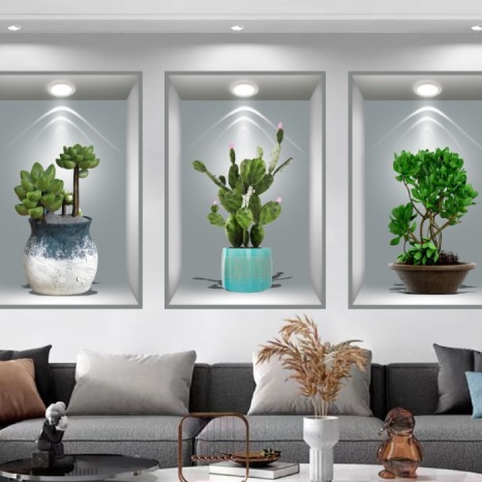 3D Çiçek Vazo Duvar Sticker 3 lü Set GRİ Fon (5460)