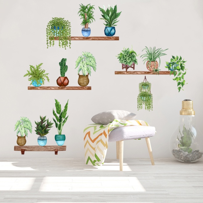 Raflı Saksılı Çiçek Tasarımlı Yapışkanlı Sticker (5460)